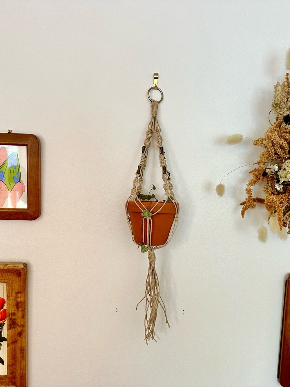 Tiny Hemp Plant Hanger with Brass Beads